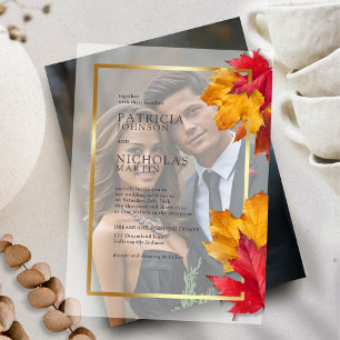 Fall Leaves Rustic Golden Frame Autumn Wedding Vellum Invitations