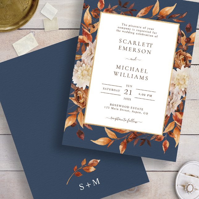 Fall Leaves Rustic Wedding Invitation (Navy Blue Fall Leaves Rustic Wedding Invitation
)