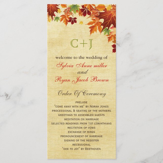 Fall Leaves Rustic Wedding Programme (Front)