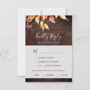 Fall Leaves Rustic Wood Menu Choice RSVP Card