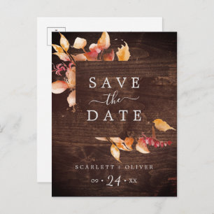 Fall Leaves   Rustic Wood Save the Date Postcard