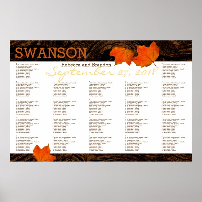 Fall Leaves Rustic Wood Wedding Seating Chart (Front)