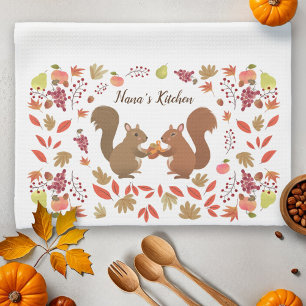 Fall Leaves Squirrels Personalise Tea Towel