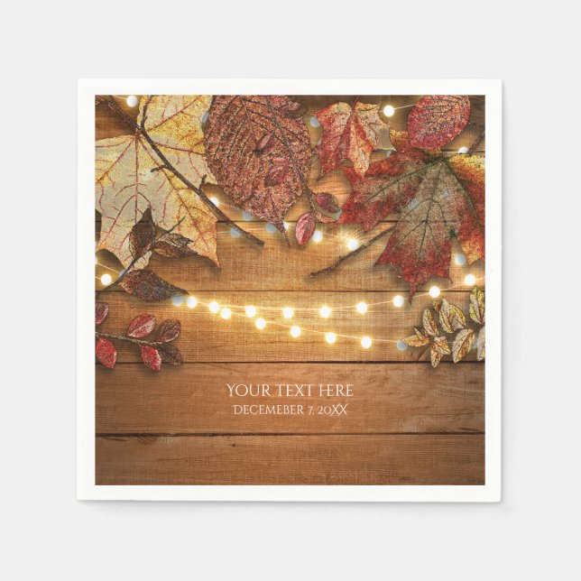 Fall Leaves & String Lights on Rustic Wood Napkin (Front)