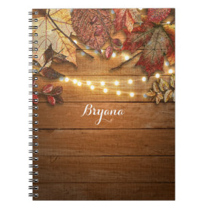 Fall Leaves & String Lights on Rustic Wood Notebook