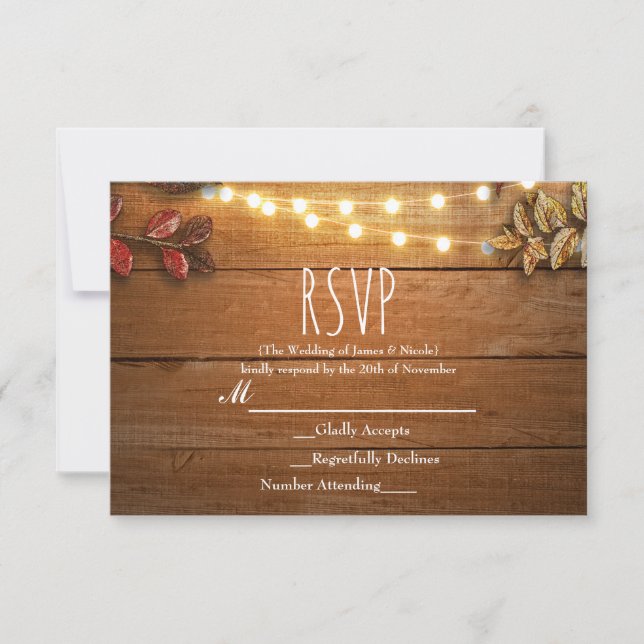 Fall Leaves & String Lights on Rustic Wood RSVP Card (Front)