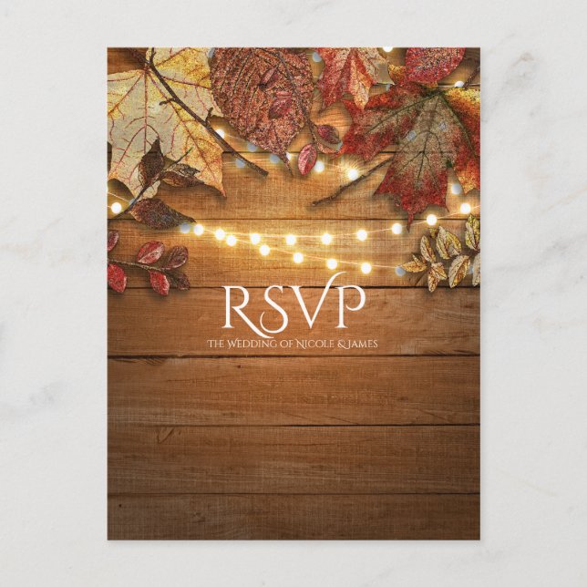 Fall Leaves & String Lights on Rustic Wood RSVP Invitation Postcard (Front)