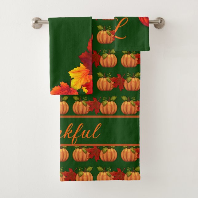 Fall Leaves Thankful Pumpkins  Bath Towel Set (Insitu)