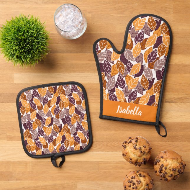 Fall Leaves Thanksgiving Pattern Custom Name Oven Mitt & Pot Holder Set (Top Down)