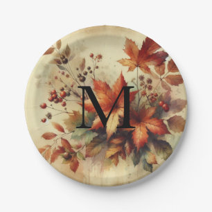 Fall leaves vintage watercolor autumn colors  paper plate