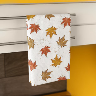 Fall Leaves Watercolor Pattern Tea Towel