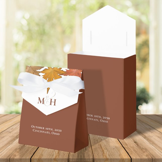 Fall Leaves Watercolor Wedding Favour Custom Box (Fall leaves custom wedding favor box, with burgundy colors)