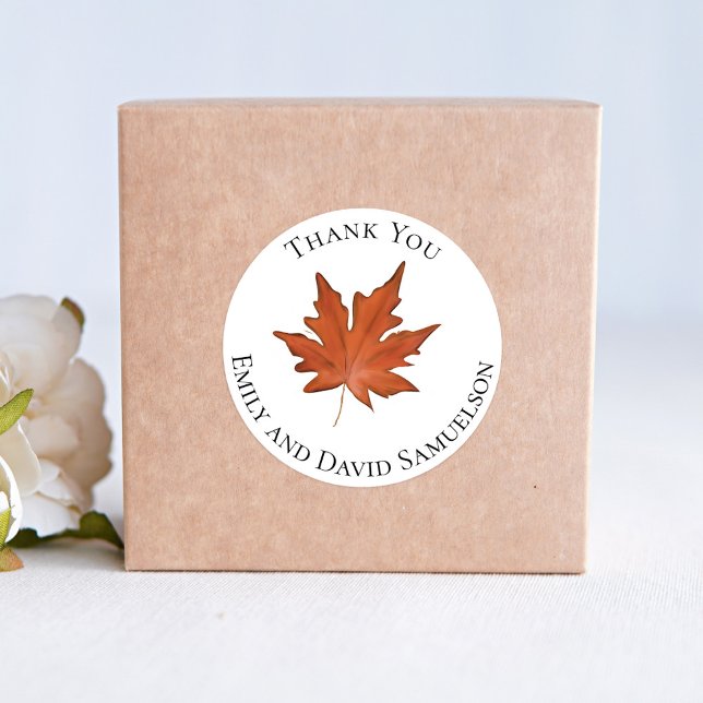 Fall Leaves Watercolor Wedding Thank You Classic Round Sticker (Fall leaves custom thank you sticker. )
