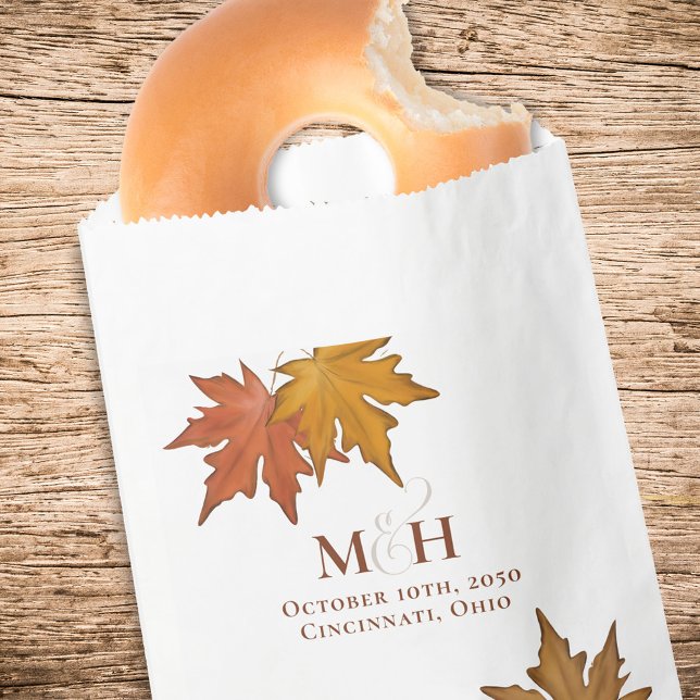 Fall Leaves Wedding Monogram Custom Favour Bags (Fall leaves wedding favor treat bag.)