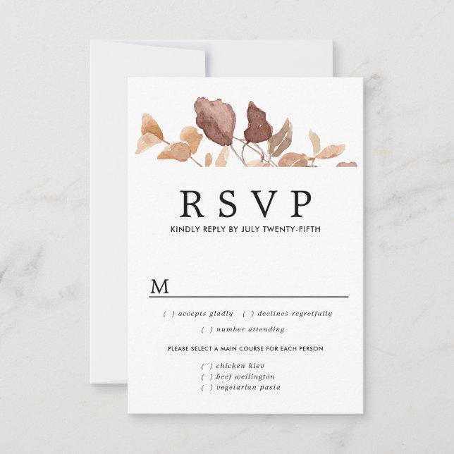 Fall Leaves Wedding RSVP Card, Meal Options (Front)