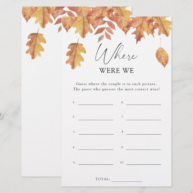 Fall leaves - Where were we bridal shower game (Front/Back)