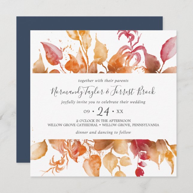 Fall Leaves White & Burgundy Casual Square Wedding Invitation (Front/Back)