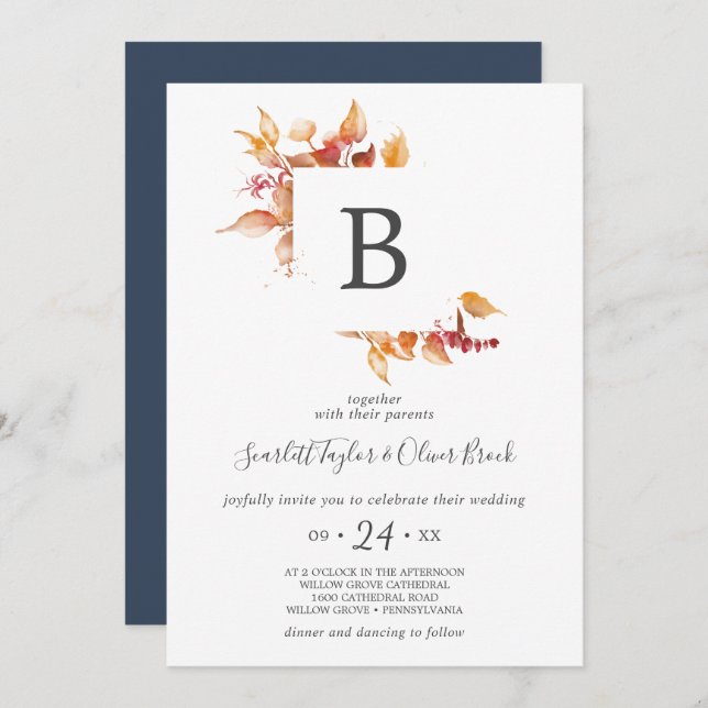 Fall Leaves | White & Burgundy Monogram Wedding Invitation (Front/Back)