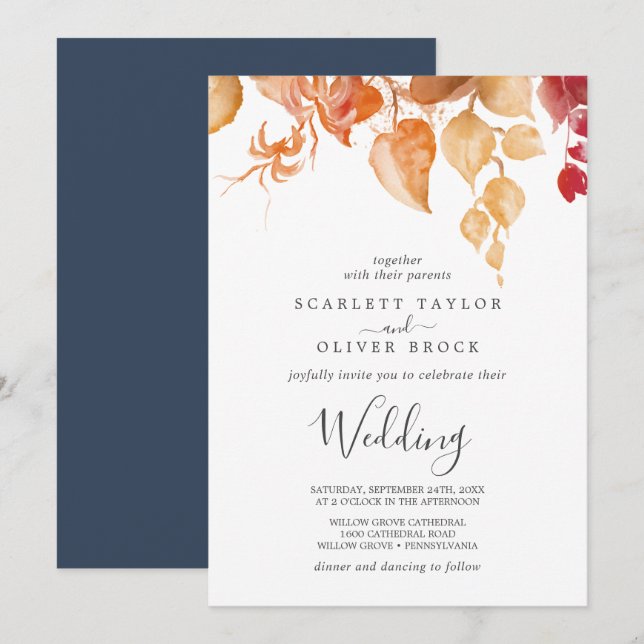 Fall Leaves | White & Burgundy Wedding Invitation (Front/Back)
