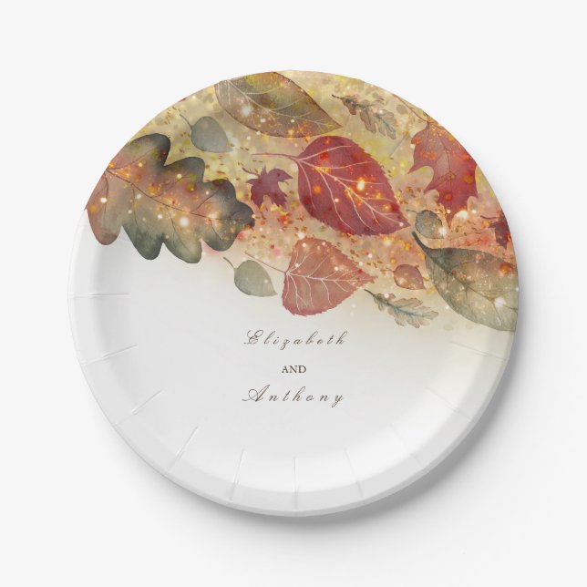 Fall Leaves White Wedding Paper Plate (Front)