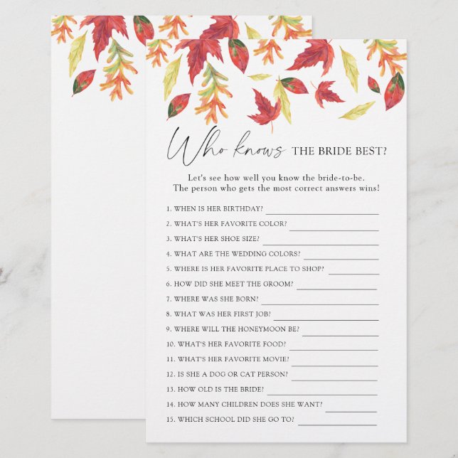 Fall leaves - Who knows the bride best game (Front/Back)