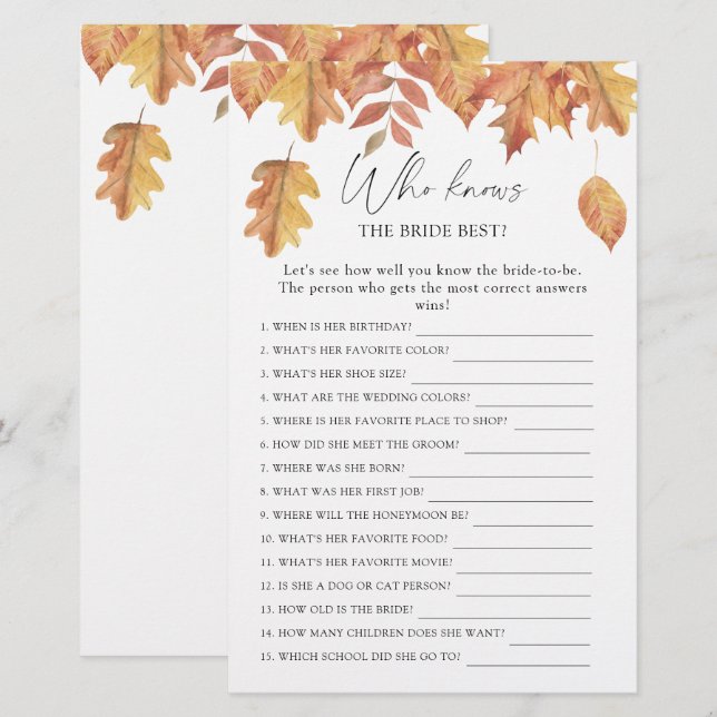 Fall leaves - Who knows the bride best game (Front/Back)
