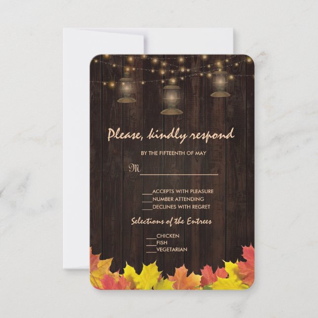 Fall Leaves Wood Old Lanterns Wedding RSVP Card (Front)