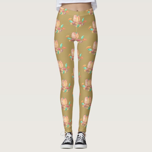 Fall leggings with a pumpkin and leaves pattern (Front)