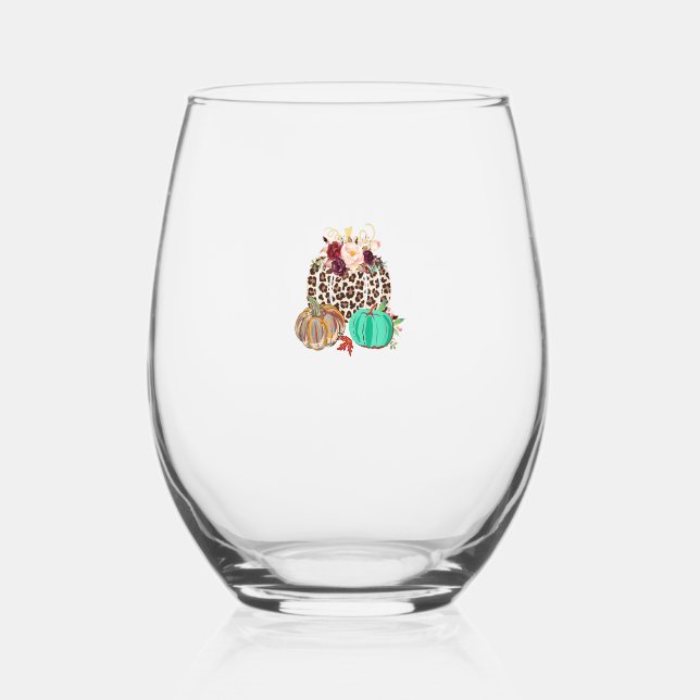 Fall Leopard Cheetah Pumpkin Rustic Halloween Than Stemless Wine Glass (Front)