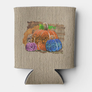 Fall Leopard Print Autumn Pumpkins On Plaid Can Cooler
