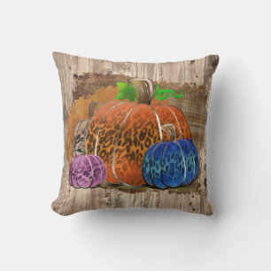 Fall Leopard Print Autumn Pumpkins On Plaid  Cushion