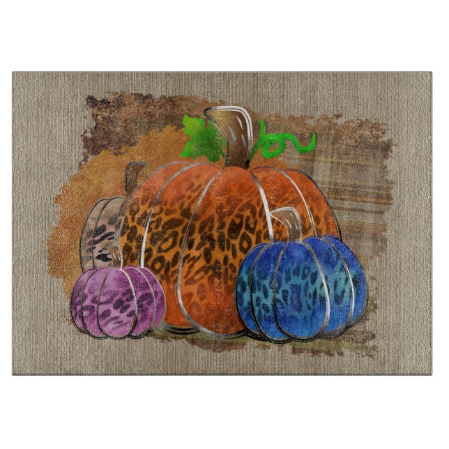 Fall Leopard Print Autumn Pumpkins On Plaid Cutting Board (Front)