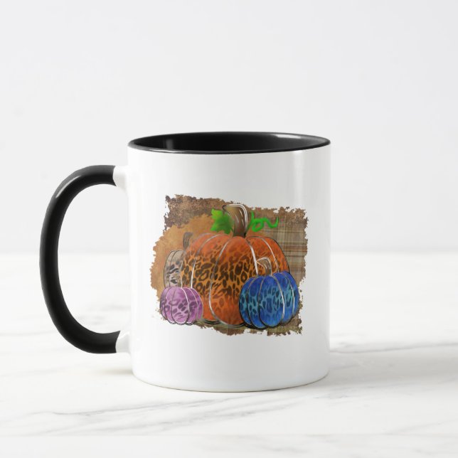Fall Leopard Print Autumn Pumpkins On Plaid Mug (Left)