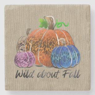 Fall Leopard Print Autumn Pumpkins On Plaid Stone Coaster