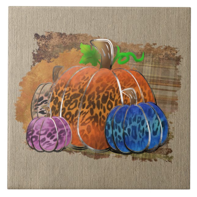 Fall Leopard Print Autumn Pumpkins On Plaid  Tile (Front)