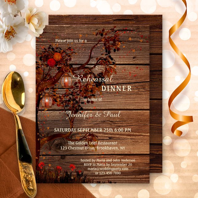 Fall Lights Rehearsal Dinner Invitation (Rehearsal Dinner invitation featuring an autumn tree with colorful leaves, roses and festive lantern)