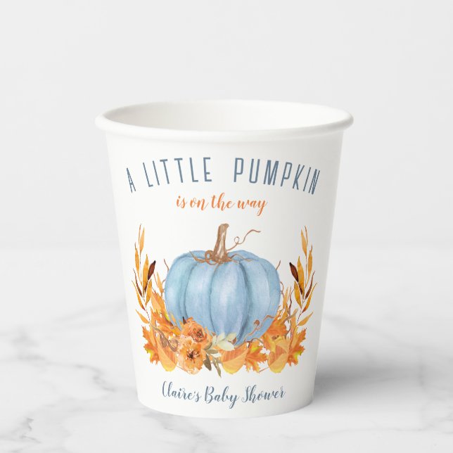 Fall Little Pumpkin Blue Boy Baby Shower Paper Cup (Front)
