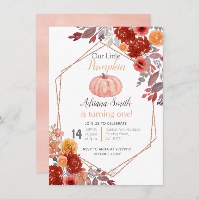 Fall Little Pumpkin Fall Birthday Autumn Pastel Invitation (Front/Back)