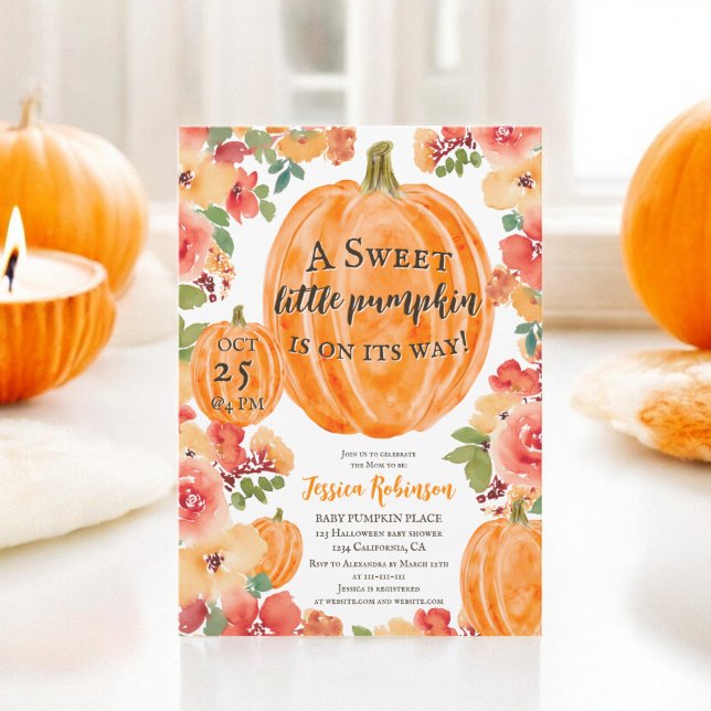Fall little pumpkin floral halloween baby shower invitation (Fall little pumpkin floral halloween baby shower invitation)