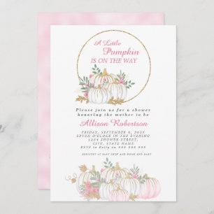 Fall Little Pumpkin Glitter White Pink Baby Shower Invitation