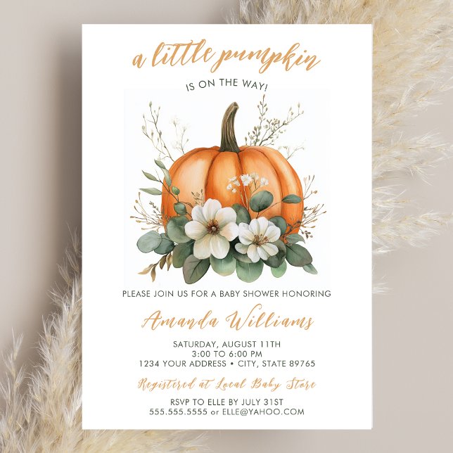 Fall Little Pumpkin on The Way Baby Shower Invitation (A baby shower invitation featuring an orange pumpkin and florals.)