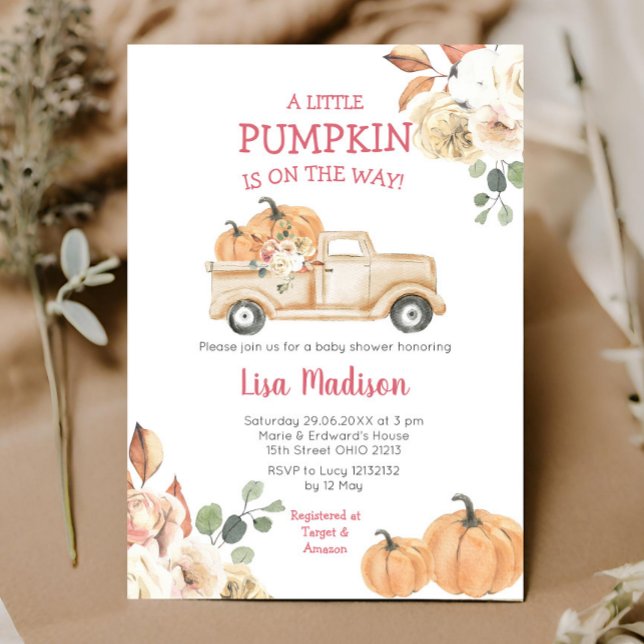 Fall Little Pumpkin Truck Baby Shower Girl Invitation (Creator Uploaded)