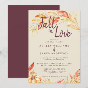 Fall Love Golden Foliage Autumn Burgundy Wedding Invitation