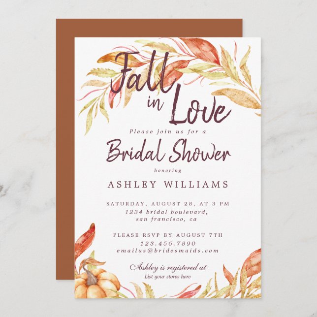 Fall Love Golden Foliage TerraCotta Bridal Shower Invitation (Front/Back)