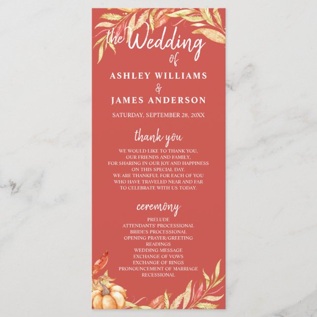 Fall Love Golden Foliage Warm Red Wedding Program Programme (Front)
