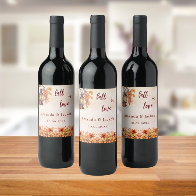 Fall love orange flowers leaves wedding wine label (Creator Uploaded)