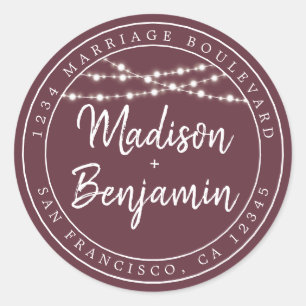 Fall Love Rustic Lights Burgundy Return Address Classic Round Sticker