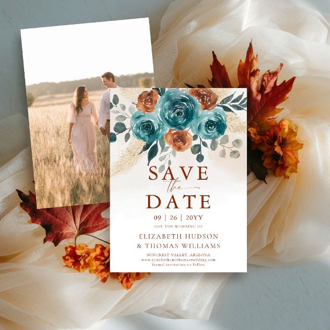 Fall Love Teal Burnt Orange Wedding Save the Date (fall wedding save the date engagement photo teal burnt orange terracotta watercolor greenery foliage)
