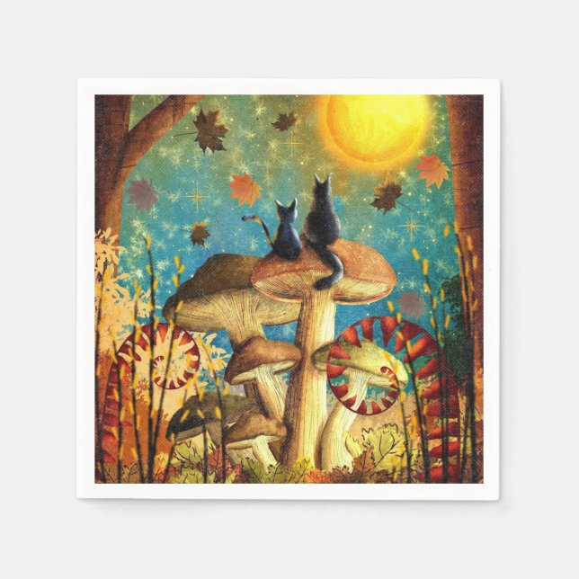 Fall Lovers Cats Forest Mushrooms Stars Night Sky  Napkin (Front)