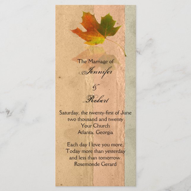 Fall Maple Leaf on Paper Wedding Program Programme (Front)
